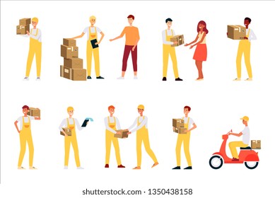 Set of loaders and delivery men with brown boxes cartoon style, vector illustration isolated on white background. Post-service courier worker is carrying and delivering packages or parcels