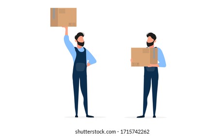 Set of loaders. A loader in overalls holds a box. The guy with the box in his hands. Isolated on a white background. Vector.