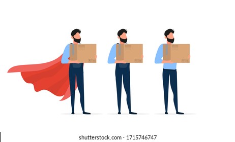Set of loaders. A loader in overalls holds a box. The guy with the box in his hands. Isolated on a white background. Vector.