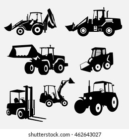 Set of loaders and tractors for your backgrounds. Vector illustration icons. Eps10.