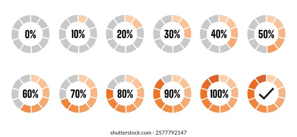 set loading 0%, 20%, 30%, 40%, 50%, 60%, 70%, 80%, 90% and 100% icon isolated white background.