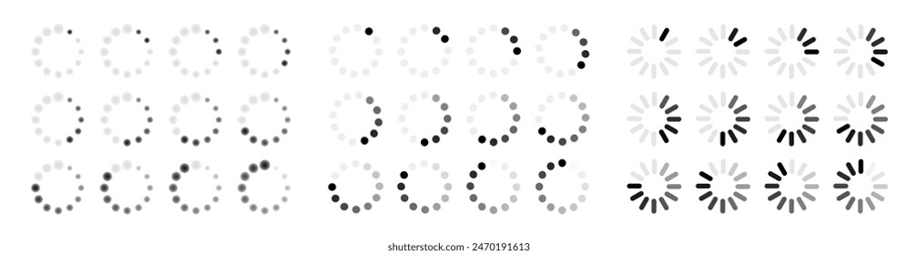 Set loading bar icons. Progress bar loading signs. Buffer loader or preloader. Donload or Upload. Collection of simple web download