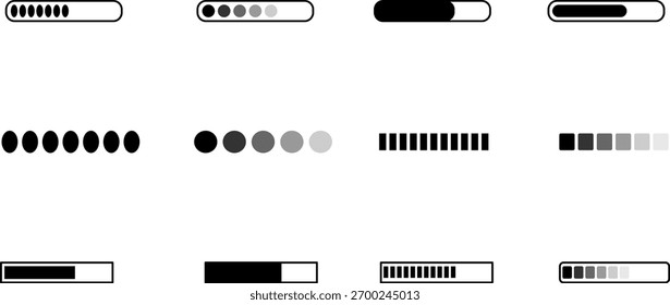 Conjunto de ícones da barra de carga e indicadores de progresso, conceito de espera e estado de armazenamento para interfaces de utilizador de software, elementos gráficos para processamento digital e descarregamento