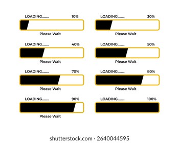 Set of loading bar icons showing progress from 10% to 100% in clean modern style. Perfect for web design, app development, user interface (UI UX), and interactive prototypes. 