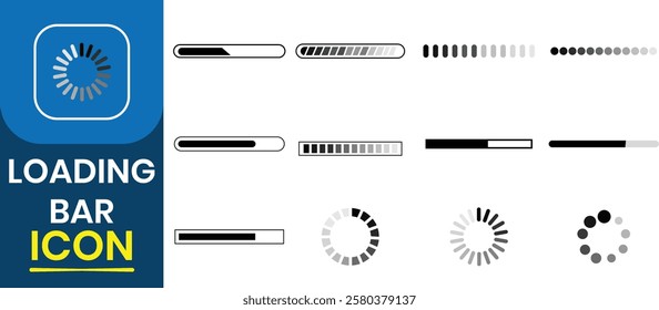 Set of loading bar vector icon. Progress bar loading icon, download sign, Loading status, Load symbol, buffering vector, loading isolated. Vector illustration. 