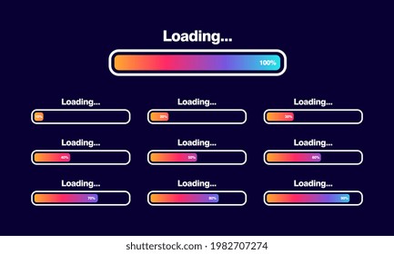 conjunto de ilustración vectorial de barra de carga. Visualización del progreso. Cargando colección de estado. Elementos de diseño web, Cargando plantilla vectorial de infografía