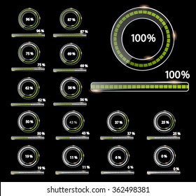 Set of loading bars and spinner bars with loading step number. Vector abstract symbol for webpage design. On a black background