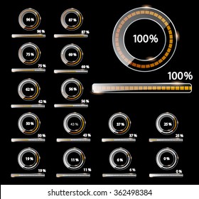 Set of loading bars and spinner bars with loading step number. Vector abstract symbol for webpage design. On a black background
