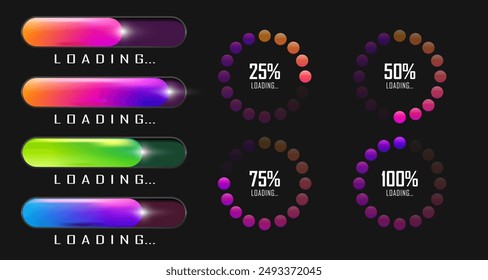 Set of loading bars with vibrant colorful gradient blend. Circular Progress Indicator Set