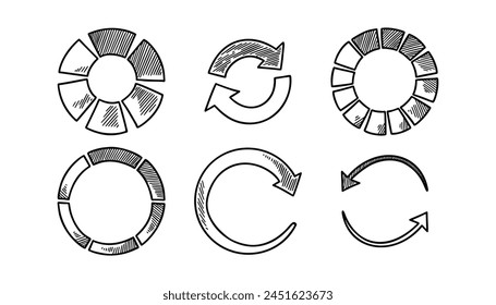 Set of loading circles in doodle style. Sketch download icon. Progress user interface infographic. Recycle symbol. Pie diagram statistic chart.