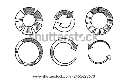 Set of loading circles in doodle style. Sketch download icon. Progress user interface infographic. Recycle symbol. Pie diagram statistic chart.