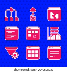 Set Loading data window, Browser files, Server, Data, Web Hosting, Filter setting, Software, Broken and Folder tree icon. Vector