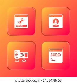 Set Loading data window, Create account screen, Computer monitor and Code terminal icon. Vector