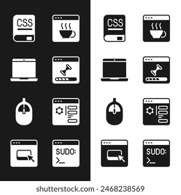 Set Loading data window, Laptop, Books about programming, Software, Computer mouse, Browser setting, Code terminal and files icon. Vector