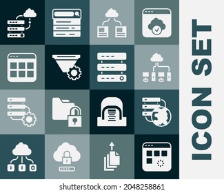 Set Loading data window, Network cloud connection, Computer network, Cloud technology transfer, Filter setting, Browser files,  and Server, Data, Web Hosting icon. Vector