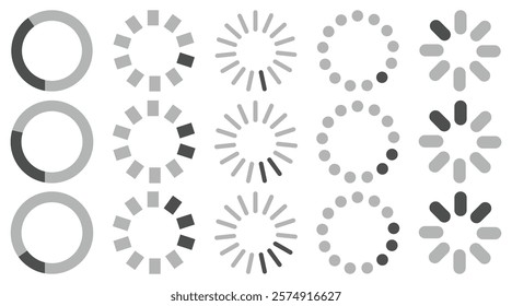 Set of loading icon vector. Download, upload,  progress and speed buffer circle sign. Loading status bar vector illustration.