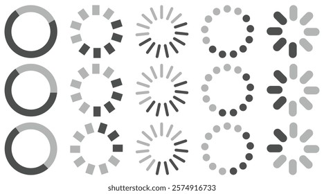 Set of loading icon vector. Download, upload,  progress and speed buffer circle sign. Loading status bar vector illustration.