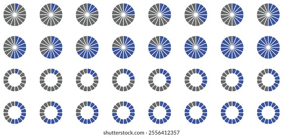 set of loading icons. load. load bar icons. Thin hollow circle segemented into 16 parts buffering or loading symbol set. Set of thin hollow circle divided into sixteen shades of blue colour