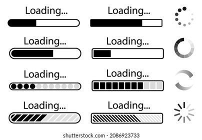 Set of loading icons, load indicator sign, waiting symbols. Vector illustration. Eps 10.