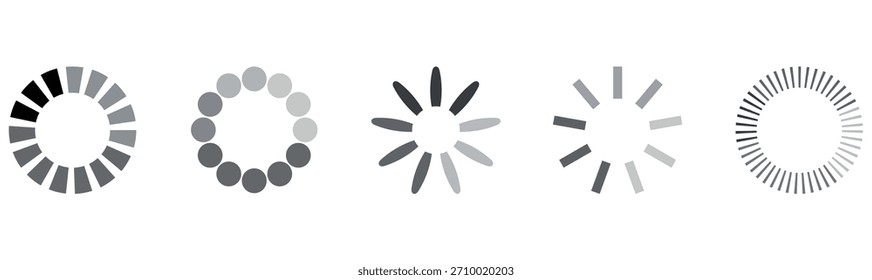 Conjunto de iconos de carga.  Estado de carga sobre fondo blanco.  Indicador de carga circular con barras grises girando sobre un fondo transparente.  Signos de carga de la barra de progreso.