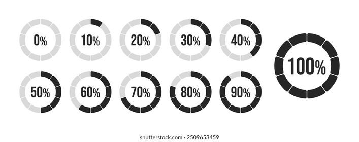 Conjunto de indicadores de Carregamento. Barra de progresso. Percentual de metros circulares de 0 a 100 prontos para uso para design da Web, interface do usuário ou infográfico. Barra de progresso. 0 10 20 30 40 50 60 70 80 90 100%.