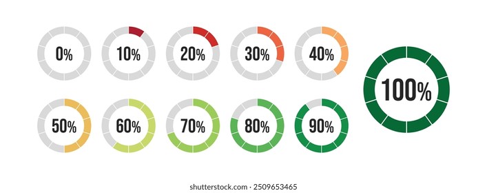 Set of Loading indicator. Progress bar. Percentage circle meters from 0 to 100 ready-to-use for web design, user interface UI or infographic. Progress bar. 0 10 20 30 40 50 60 70 80 90 100 percent.