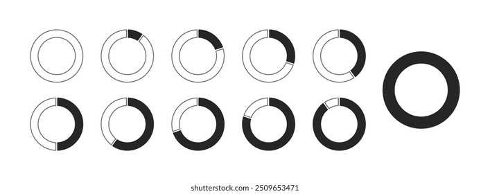 Set of Loading indicator. Progress bar. Percentage circle meters from 0 to 100 ready-to-use for web design, user interface UI or infographic. Progress bar. 0 10 20 30 40 50 60 70 80 90 100 percent.