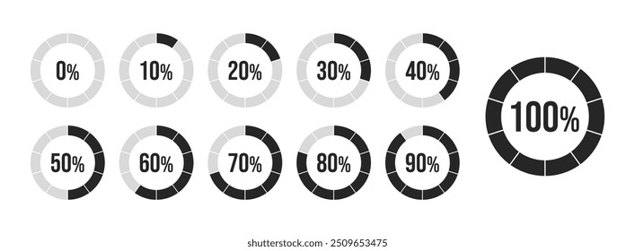 Set of Loading indicator. Progress bar. Percentage circle meters from 0 to 100 ready-to-use for web design, user interface UI or infographic. Progress bar. 0 10 20 30 40 50 60 70 80 90 100 percent.