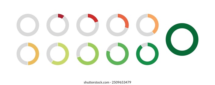 Conjunto de indicador de carga. Barra de progreso. Círculos de 0 a 100 metros porcentuales listos para usar para Diseño web, interfaz de usuario o infografía. Barra de progreso. 0 10 20 30 40 50 60 70 80 90 100 por ciento.