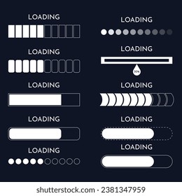 Set loading on monitor technology concept design. HUD loading process and status bars, vector interface icons. HUD loading bars on digital screen, dashboard panel UI