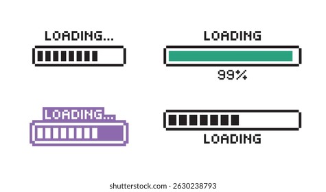 Set of loading pixel icon. Pixel art loading bar concept. Load bar. loading or installing bar. Pixel 8-bit loading bar, video game UI