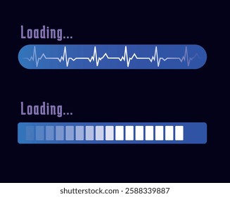 Set of loading and progress indicators. Digital elements in futuristic style for websites, interfaces and technology applications. Graphic icons and status bars for tracking processes