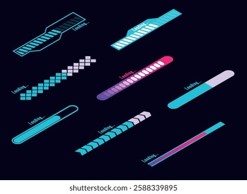 Set of loading and progress indicators. Digital elements in futuristic style for websites, interfaces and technology applications. Graphic icons and status bars for tracking processes