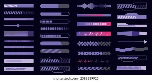 Set of loading and progress indicators. Digital elements in futuristic style for websites, interfaces and technology applications. Graphic icons and status bars for tracking processes