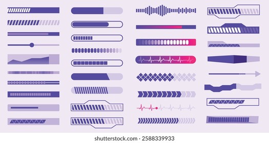 Set of loading and progress indicators. Digital elements in futuristic style for websites, interfaces and technology applications. Graphic icons and status bars for tracking processes