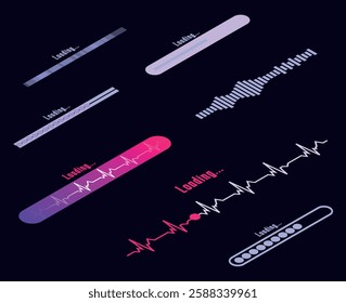 Set of loading and progress indicators. Digital elements in futuristic style for websites, interfaces and technology applications. Graphic icons and status bars for tracking processes