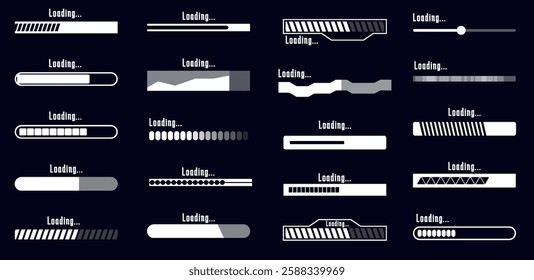 Set of loading and progress indicators. Digital elements in futuristic style for websites, interfaces and technology applications. Graphic icons and status bars for tracking processes