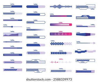 Set of loading and progress indicators. Digital elements in futuristic style for websites, interfaces and technology applications. Graphic icons and status bars for tracking processes