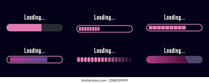 Set of loading and progress indicators. Digital elements in futuristic style for websites, interfaces and technology applications. Graphic icons and status bars for tracking processes