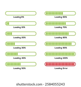 Set of Loading, uploading, downloading status bar icon. Download, Update and upgrade system bar or indicators. Upgrade application progress icon for graphic, web design, application or software.