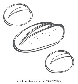 Set from loaf and buns of rye or wheaten bread. Monochrome vector illustration isolated on white background