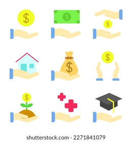 Set of Loan Flat Icon. Money, House, Medical, Education and More. Editable Stroke. Vector Eps 10