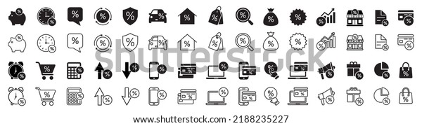Set of loan icons. Interest rate
icon, percentage diagram. Piggy bank, business income, loan,
financial growth chart, investment profit. Vector
illustration.