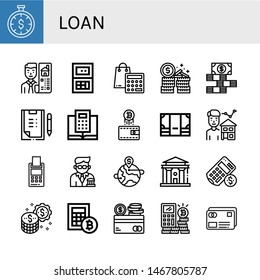 Set of loan icons such as Time is money, Real estate, Calculator, Money, Dollar bills, Scoring, Wallet, Estate agent, Credit card, Banker, Courthouse , loan