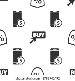 Set Loan percent, Buy button and Smartphone with dollar on seamless pattern. Vector