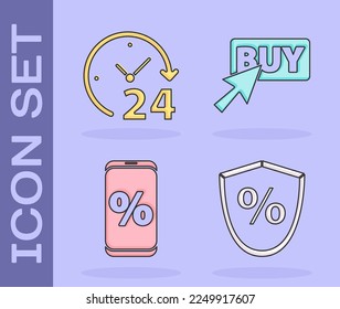 Setzen Sie Darlehensprozentsatz, Uhr 24 Stunden, prozentualer Rabatt und Handy-Taste und kaufen Symbol. Vektorgrafik