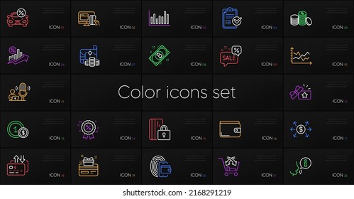 Conjunto de porcentaje de préstamo, burbuja de descuentos e iconos de línea de lista de comprobación de Encuesta. Incluye billetera de dinero, diagrama de diagrama, iconos de tarjetas bloqueadas. Venta cruzada, Wallet, elementos web de alquiler de coches. Vector