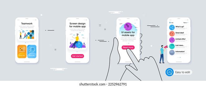 Set of Loan percent, Gears and Pie chart line icons. Phone ui interface. Include Thoughts, Corrupted file, Multitasking gesture icons. Approved, Question mark, Video conference web elements. Vector