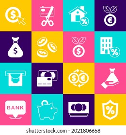 Set Loan percent, Money in hand, House with percant discount, Coin money dollar, bag,  and Dollar plant icon. Vector