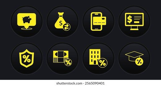 Set Loan percent, Monitor with dollar, Money, House percant discount, Mobile banking, bag, Graduation cap and coin and Piggy icon. Vector